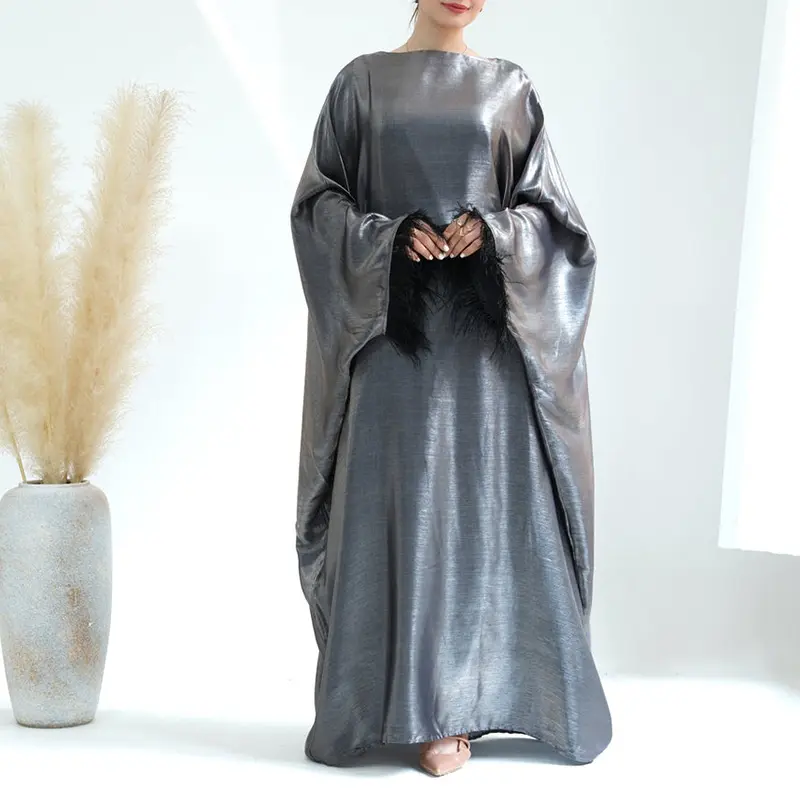 Nieuw Design Moslim Lange Jurk Luxe Abaya Dubai Moslim Jurken Satijnen Jurk Moslim Struisvogel Veer Abaya