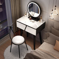 Vente en gros en usine Miroir Led rond élégant et contemporain Tiroirs de conception géométrique uniques Coiffeuse à pieds noirs