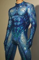 Combinaison en Spandex pour homme, ornée de cristaux bleus et de strass, pour cosplay, spectacle, performance scénique, festival et club