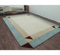 Modern Geometric Area Rug Rectangle Wool Acrylic Hand Tufted Low Pile Non Slip Rubber Backing Living Room Ivory Blue Red Border
