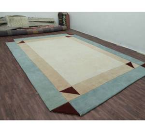Modern Geometric Area Rug Rectangle <b>Wool</b> Acrylic Hand Tufted Low Pile Non Slip Rubber Backing Living Room Ivory Blue <b>Red</b> Border - Product Image 1