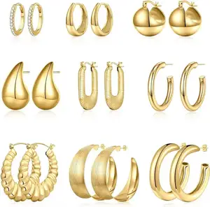 Anting-anting Hoop tebal emas wanita, perhiasan anting-anting lapis emas 16K ringan Anti alergi pendek dan lemak