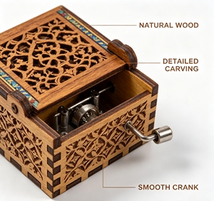 Boîte à musique en bois personnalisée avec mécanisme à manivelle et design gravé au laser pour cadeaux, souvenirs et promotions - Product Image 2