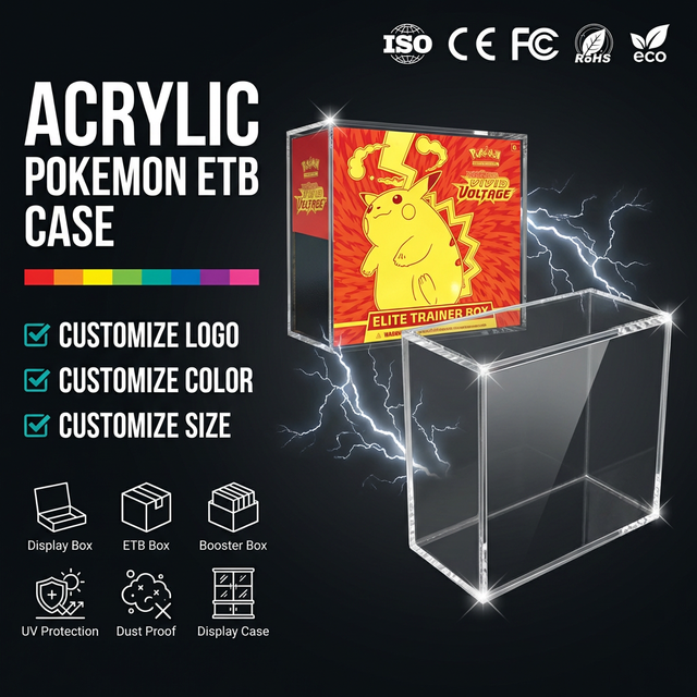Custom Poke Mon TCG Elite Trainer Box Clear Acrylic Display Case With Magnet Lid UV Protection Magnetic Protector