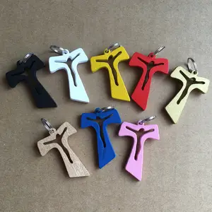 4cm colored laser cut wooden T shape pendant cross,religious crucifix,wood Jesus cross with metal circle