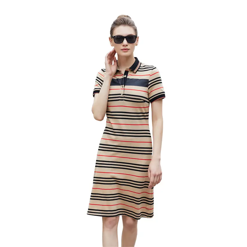 Polo-neck dress with four colors short sleeve loose cotton for women stripe pattern casual dress with high quality lady dress