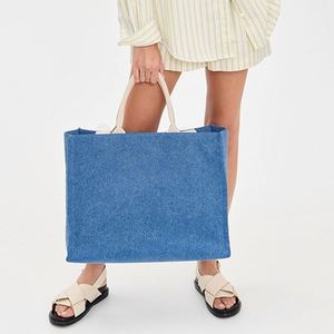 Women's <b>Large</b> Open Top Magnetic Closure Cotton <b>Canvas</b> Tote <b>Bag</b> with Embroidery Custom Logo Blue Winter Travel Beach DIY Options - Product Image 2