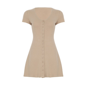 เดรสมินิเดรสกระดุมหน้าสำหรับผู้หญิง - เดรสแขนสั้นลำลองทรงเข้ารูปคอวีผ้าถักแฟชั่น - Product Image 5