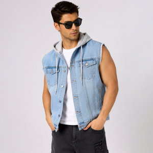 Chaleco Vaquero Premium para Hombre con Capucha, Sin Mangas, Azul Claro, de Algodón, Estilo Casual, Lavado, Chaqueta Vaquera, Prenda Exterior, Estilo Primavera - Product Image 1