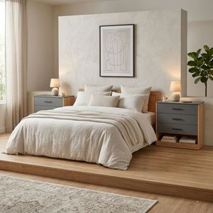 Boras Set Of 2 <b>Small</b> Dressers Minimalist Modern Style Natural Oak And Gray Bedroom Storage Furniture - Product Image 1