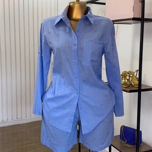 Solid Color Lapel <b>Beaded</b> Slim Long Sleeve Shirt Shorts Women's 2 Piece <b>Set</b> Fashion - Product Image 3