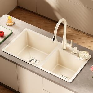 Évier de cuisine double grand format fait main en acier inoxydable épaissi blanc crème pour usage domestique - Product Image 3