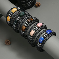 Bracelet en Cuir Double Couche Tendance pour Homme avec Breloques en Cuir et Perles en Pierre Œil de Tigre Naturel, Bracelet Magnétique pour Homme, Bijou