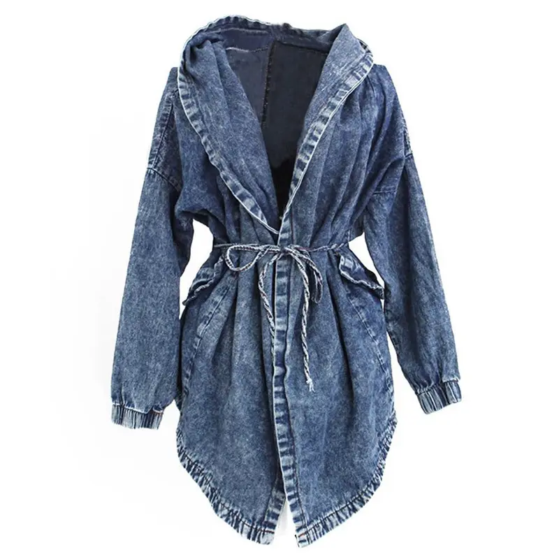 One Size Hooded Ladies Outerwear Jackets Long Sleeve Jean Denim Jacket Women