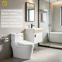 Ensemble WC monobloc en céramique à chasse siphonique allongé avec lavabo, meuble de salle de bain en contreplaqué avec miroir