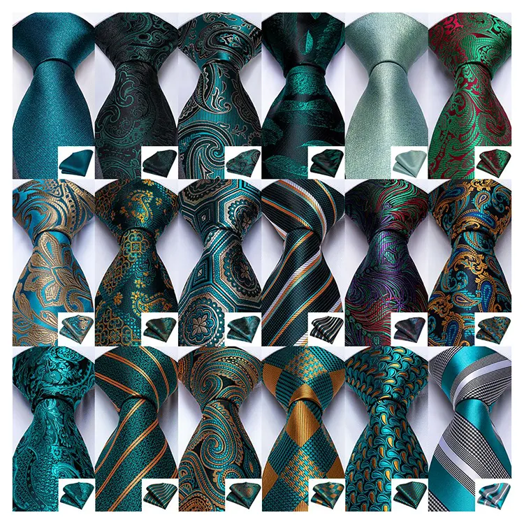 Custom Design Green Ties Mens Jacquard Woven Silk Neck Ties with Pocket Square