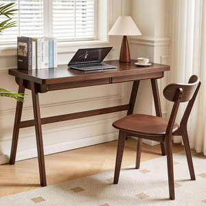 Scrivania per Computer in Legno Massello di Gomma, Stile Retrò Noce con Cassetto, Gambe a Telaio a T, 100x55 cm, Design Robusto - Product Image 2