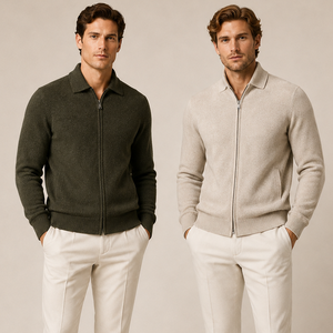 Cardigan zippé en mélange cachemire et laine pour homme, veste tricotée à col avec poches, luxe discret, style décontracté chic, vente en gros - Product Image 1