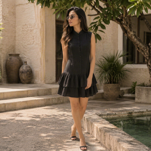 Robe Courte Bohème Plissée Sans Manches en Lin/Coton pour Femme, Col Mandarin, Taille Naturelle, Faite à la Main, Respirante - Collection Été - Product Image 1