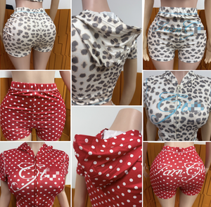 PEEQI FA8821 Новый летний женский комплект из двух предметов: шорты и топ с капюшоном на молнии, с коротким рукавом, в горошек и с леопардовым принтом - Product Image 5