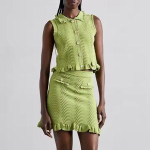 Vêtements en tricot de haute qualité à prix de gros, hauts décontractés élastiques pour femmes, jupe courte élastique à taille haute, ensemble en tricot OOTD - Product Image 1