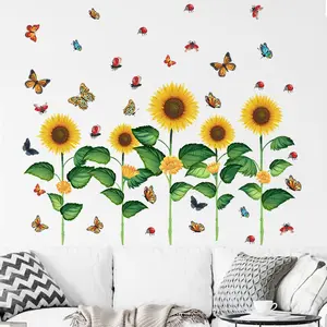 New Yellow Sunflower Sticker For Room Wall Colorful Butterflies Wallpaper For Bedroom Removable TV Sofa Background Wall Mural