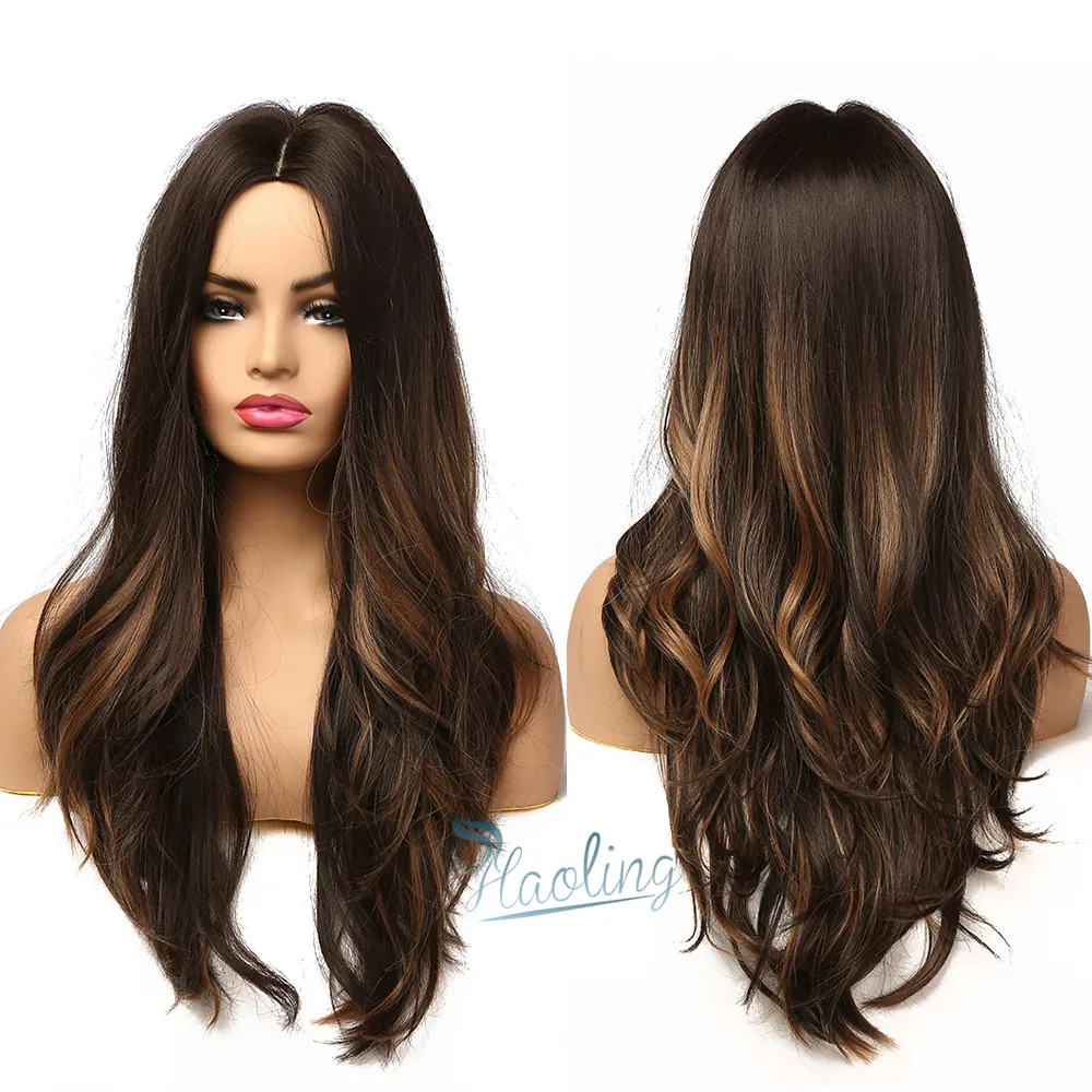 HAOLING with Highlight High Temperature Women Long Wavy Ombre Black Brown Golden Synthetic Hair Wig