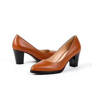 Escarpins de travail pour femmes en cuir véritable, marron clair, talon bloc de 6 cm, bout rond, à enfiler, chaussures de bureau - Product Image 3