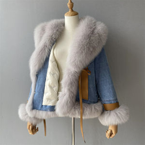 Veste bomber en jean pour femme avec <span class=keywords><strong>grand</strong></span> col en fourrure naturelle, <span class=keywords><strong>doudoune</strong></span> d'hiver de luxe en vraie fourrure de renard, vente en gros - Product Image 3