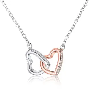 Genuine 925 Sterling Silver Custom Double Heart Necklace Pendant High Quality Jewelry Valentine Day Necklace