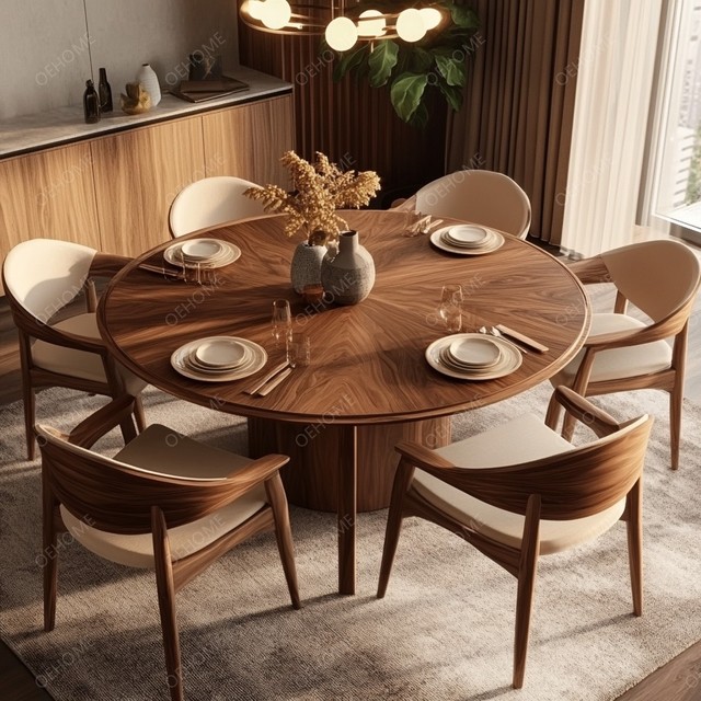 Luxury Modern Solid Oak Wood 6 Seater Round Dining Table Set with Customized Design for Home Hotel & Apartment Use