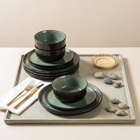 EKA Service de vaisselle style américain à glaçure réactive verte, 12 pièces, assiettes et bols en céramique, service de vaisselle en porcelaine