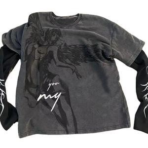 Vente flash : Pull vintage en coton 100% délavé à l'acide, surdimensionné, écologique, respirant, patchwork, double couche, manches longues pour homme - Product Image 2