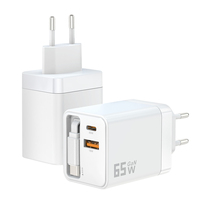 Charger Dinding USB-C Tipe C PD QC3.0 Dual Port 65W Pabrik, Kabel Retraktil, Adaptor Perjalanan, Charger GaN ODM untuk Rumah