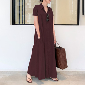 Nouveau et Style coton et lin couleur unie col <span class=keywords><strong>polo</strong></span> manches courtes poche Simple ample décontracté longue chemise robe - Product Image 6