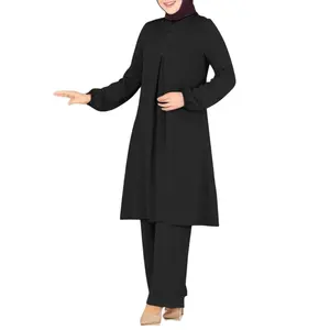 New Solid Color Polyester Abaya Sequined Long Sleeves Shirt Pants Set Breathable Muslim Women Modest Suit Kaftan