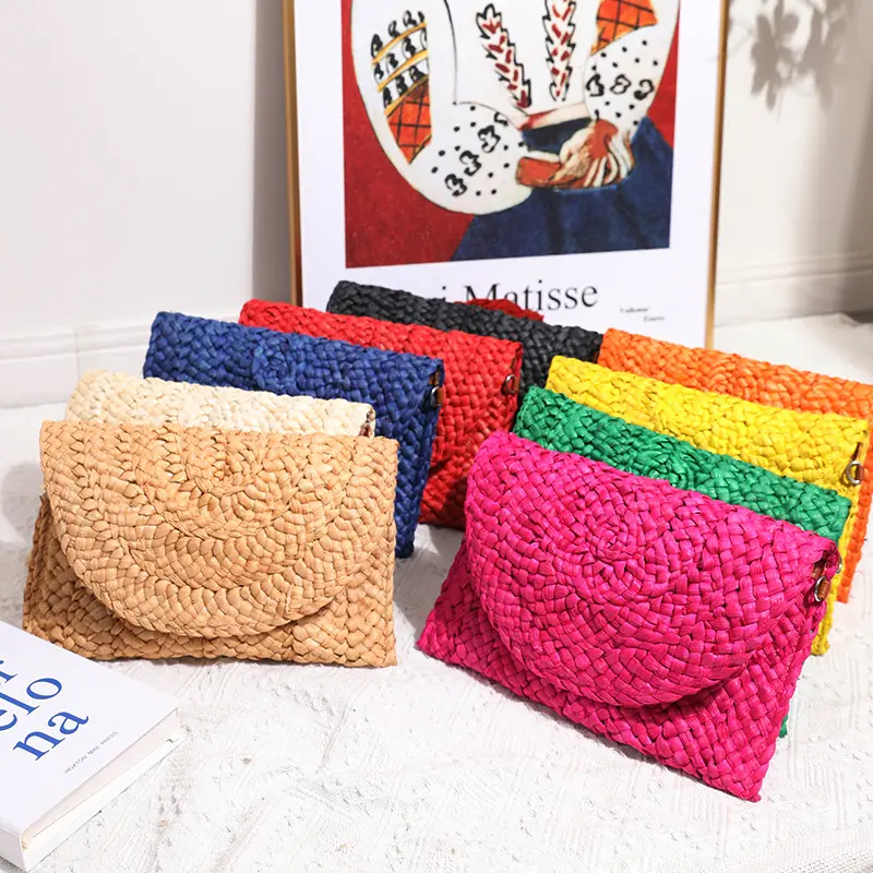 NiYang tas tangan bulu jagung wanita, dompet tangan jerami warna-warni alami kepang baru modis