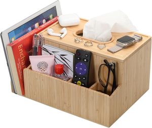 Organizador de bambú para dormitorio y escritorio con soporte para caja de pañuelos y compartimentos para soporte de tableta para controles remotos de teléfonos iPad - Product Image 1