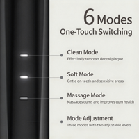 Brosse à dents électrique sonique OEM pour voyage et usage domestique, chargement USB Type-C, 6 modes, commande à un bouton, poils souples pour protéger les gencives