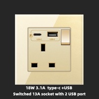 Interruptor de Pared con Panel de Vidrio Templado de Lujo, Enchufe Dorado para Reino Unido, Toma de Corriente Universal de 13A, USB Tipo-C, Carga Rápida de 18W, 250V PC