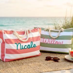 Bolsa de lona a rayas personalizada Uionen con bordado de nombre, bolsa de compras de primavera para mujer, con dos asas y parte superior abierta - Product Image 4