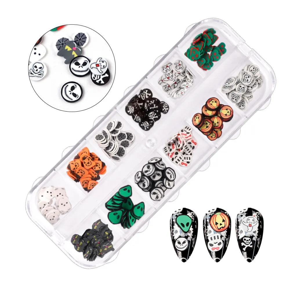 6 Grids Halloween & Christmas shaped Slices 3D Clay Canes Nail Tips Stickers Soft Ceramic Tiny Cute Nails arts