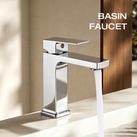 Robinet de lavabo moderne carré chromé à poignée unique avec cartouche céramique, à poser sur le comptoir, mitigeur chaud/froid