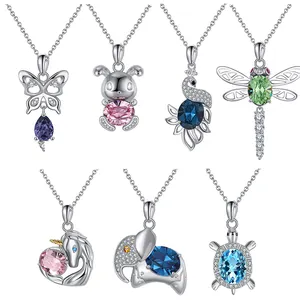 RINNTIN SSWN Fine Jewelry 925 Sterling Silver Colliers Femmes Haute Qualité Rose Licorne Mignon Animaux Pendentif Cristal Collier