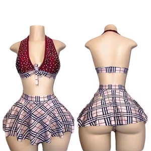 Maxsun Hot Girl Sexy Plaid <span class=keywords><strong>Minifalda</strong></span> Tow Piece Medias para niñas Ropa de baile Sexy Ropa de baile exótica Ropa de baile moderna - Product Image 2