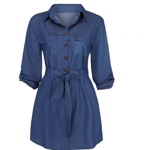Tela de algodón azul Casual moda Jean <span class=keywords><strong>vestido</strong></span> Sexy <span class=keywords><strong>verano</strong></span> señoras de talla grande mujeres <span class=keywords><strong>vestido</strong></span> de mezclilla con cinturón - Product Image 1