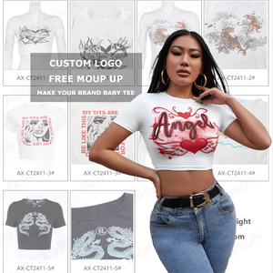 Özel Logo bebek Tee temel boş ekip boyun seksi gömme yumuşak düz pamuk Spandex kızlar Tshirt beyaz T Shirt kırpma üst kadınlar için - Product Image 1