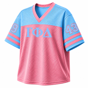 Camiseta Personalizada con Cuello en V de la Hermandad Gamma Phi Delta, Bloques de Color Azul Cielo y Rosa, Manga Corta, Estilo Casual, Top de Malla de Poliéster - Product Image 4