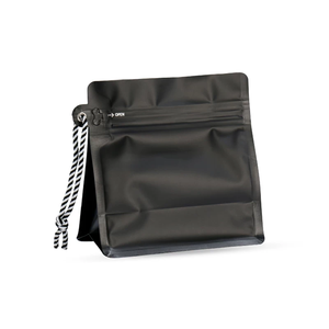 Sachets d'emballage en plastique noirs à fond plat avec fermeture éclair, avec cordon de serrage portable pour thé (80, 150, 250g) et café (113~454g) - Product Image 1