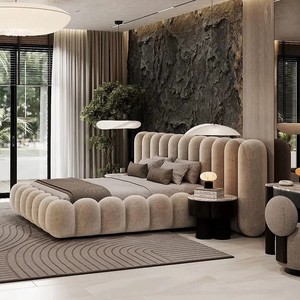 Luna <strong>Cream</strong> Puff Fabric Piano Key <strong>Bed</strong> - Luxury Double Wide <strong>Bed</strong> for Villa Master Bedroom, Wedding Bedroom - Product Image 4